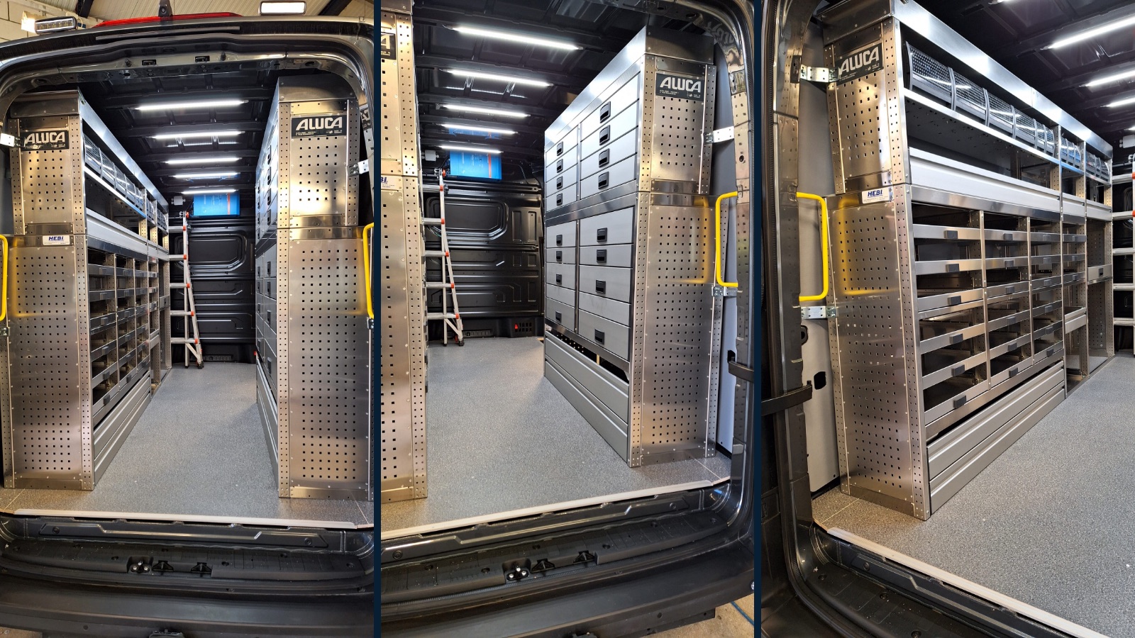 Bus inrichting met Aluca kasten op maat voor Festool-koffers in een Volkswagen Crafter van een timmerman