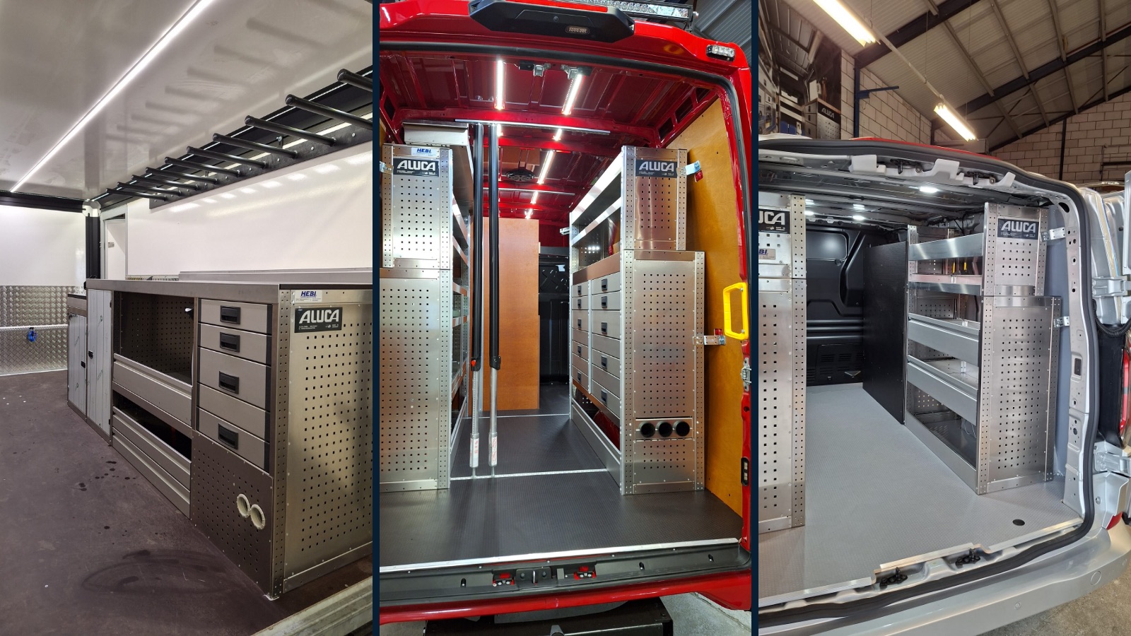 Laadruimte verlichting met LED-strips boven Aluca kasten in drie bedrijfsbussen van HEBI